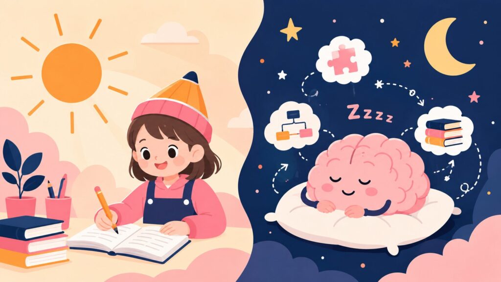 朝の学習と夜の睡眠で英単語を覚えるイラスト｜きざむ英単語