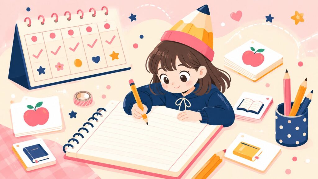 英単語を書いて覚える子供のイラスト｜きざむ英単語