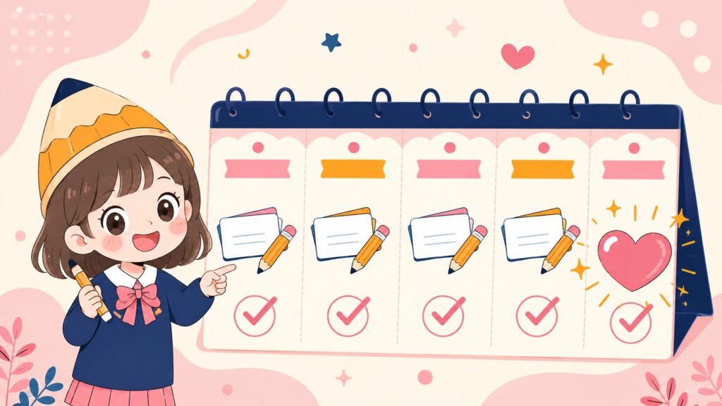 5日間カレンダーで英単語を繰り返し覚えるイラスト｜きざむ英単語