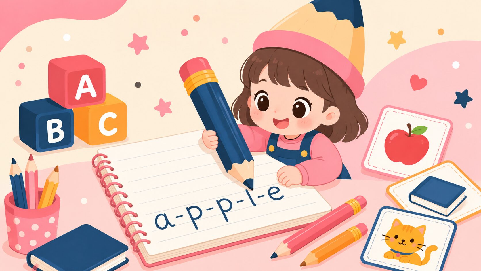 鉛筆で英語スペルを練習する子供のイラスト｜きざむ英単語